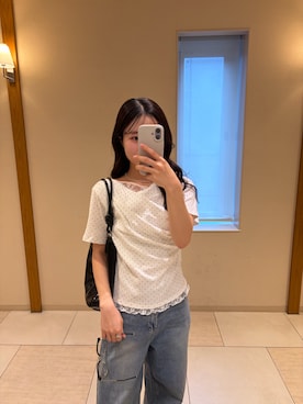 「mystic（ミスティック）のレースドッキングオフショル半袖Tシャツ（Tシャツ/カットソー、ホワイト系）」を使った、おみくさん（レディース・163cm）の春コーディネート