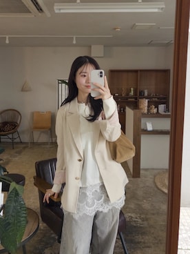 「mystic（ミスティック）のレースサテンキャミソール（シャツ/ブラウス、ホワイト系）」を使った、おみくさん（レディース・163cm）の春コーディネート