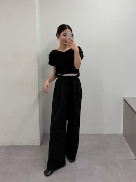 「mystic（ミスティック）の【3サイズ展開◎】ラインストーンWベルトパンツ（スラックス、ブラック系）」を使った、おみくさん（レディース・163cm）の春コーディネート