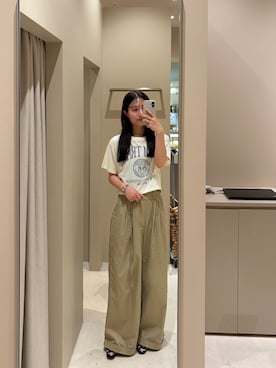 「mystic（ミスティック）の【タックデザイン/3サイズ展開】ワイドベルトタックパンツ（その他パンツ、ベージュ系）」を使った、おみくさん（レディース・163cm）の夏コーディネート