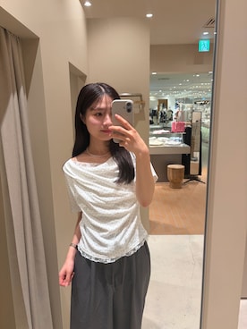「mystic（ミスティック）のレースドッキングオフショル半袖Tシャツ（Tシャツ/カットソー、ホワイト系）」を使った、おみくさん（レディース・163cm）の夏コーディネート