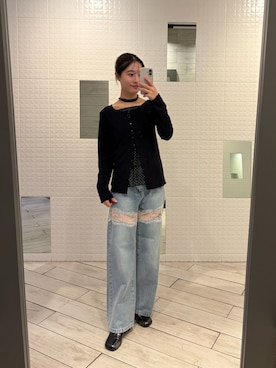 「mystic（ミスティック）の【ウエスト調整可能！】レース切替デニム（デニムパンツ）」を使った、おみくさん（レディース・163cm）の冬コーディネート