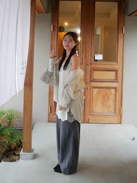 「mystic（ミスティック）のボタンレイヤードBIGシャツ（シャツ/ブラウス、ブラウン系）」を使った、おみくさん（レディース・163cm）の春コーディネート