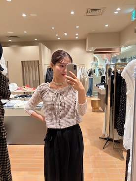 「mystic（ミスティック）のツイードリボンフレンチT（Tシャツ/カットソー、ピンク系）」を使った、おみくさん（レディース・163cm）の夏コーディネート