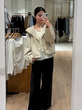 「mystic（ミスティック）のスタンドカラーショートトレンチ（トレンチコート、ホワイト系）」を使った、おみくさん（レディース・163cm）の冬コーディネート