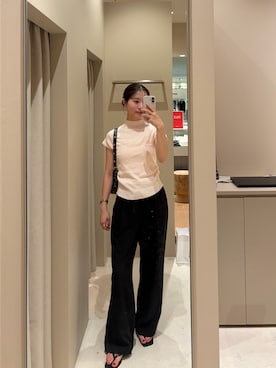 「mystic（ミスティック）の【3サイズ展開◎】ラインストーンWベルトパンツ（スラックス、ブラック系）」を使った、おみくさん（レディース・163cm）の夏コーディネート