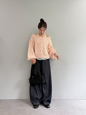 「mystic（ミスティック）のスラブVニット（ニット/セーター、ピンク系）」を使った、おみくさん（レディース・163cm）の夏コーディネート