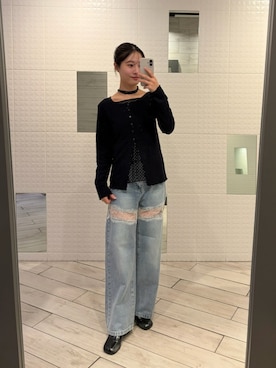 「mystic（ミスティック）のレース切替デニム（デニムパンツ、ブルー系）」を使った、おみくさん（レディース・163cm）の夏コーディネート
