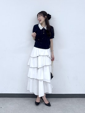 「La boutique BonBon（ラブティックボンボン）のブークレスパンコールケーブル半袖ニット（ニット/セーター、ブルー系）」を使った、miki：）さん（レディース・158cm）の夏コーディネート