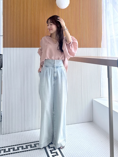 セール】【美脚見え】バックレースアップデニムワイドパンツ（デニム