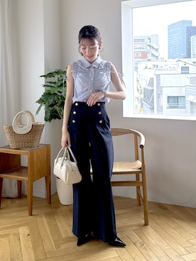 「La boutique BonBon（ラブティックボンボン）の【ヘルシーな着映え】アームギャザーストライプノースリシャツ（シャツ/ブラウス、ブルー系）」を使った、miki：）さん（レディース・158cm）の夏コーディネート