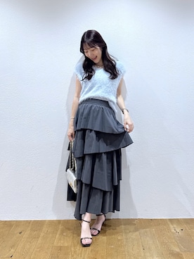 「La boutique BonBon（ラブティックボンボン）の【復刻・新色サックスブルー登場】へアリーフェザー前後２WAYフレンチニット（ニット/セーター、ブルー系）」を使った、miki：）さん（レディース・158cm）の夏コーディネート