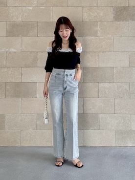 「La boutique BonBon（ラブティックボンボン）の【愛されニット】レースフリルニット（ニット/セーター、ブルー系）」を使った、miki：）さん（レディース・158cm）の夏コーディネート