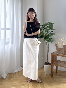 「La boutique BonBon（ラブティックボンボン）のクールタッチUVオフショルフレンチニット（ニット/セーター、ブラック系）」を使った、miki：）さん（レディース・158cm）の春コーディネート