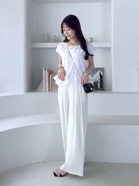 「La boutique BonBon（ラブティックボンボン）の【360°魅力UP！】ランダムペプラムフレンチブラウス（シャツ/ブラウス、ホワイト系）」を使った、miki：）さん（レディース・158cm）の春コーディネート