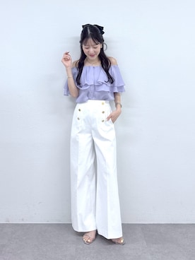 「La boutique BonBon（ラブティックボンボン）の【差がつく上品見え】ケープ風ノースリブラウス（シャツ/ブラウス、パープル系）」を使った、miki：）さん（レディース・158cm）の夏コーディネート