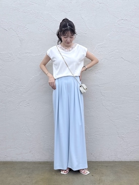 「La boutique BonBon（ラブティックボンボン）の【シリーズ累計お気に入り数1.5万突破！接触冷感・UVカット】クールタッチUVレース付きVネックニット（ニット/セーター、ホワイト系）」を使った、miki：）さん（レディース・158cm）の夏コーディネート