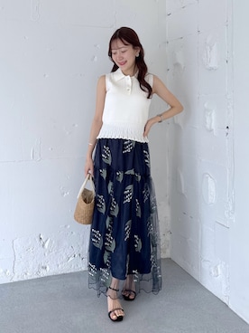 「La boutique BonBon（ラブティックボンボン）の変形リブポロ衿ノースリニット（ニット/セーター、ホワイト系）」を使った、miki：）さん（レディース・158cm）の夏コーディネート