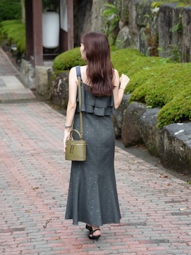 「La boutique BonBon（ラブティックボンボン）の【3サイズ展開・お上品ワンピ】ドットラッフルキャミワンピース（ワンピース、グレー系）」を使った、miki：）さん（レディース・158cm）の夏コーディネート