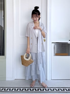 「La boutique BonBon（ラブティックボンボン）のパールハンドルバスケットS/チェーン付（かごバッグ、ベージュ系）」を使った、miki：）さん（レディース・158cm）の夏コーディネート