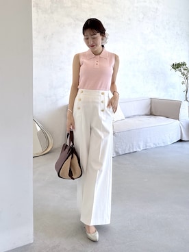 「La boutique BonBon（ラブティックボンボン）の変形リブポロ衿ノースリニット（ニット/セーター、ピンク系）」を使った、miki：）さん（レディース・158cm）の夏コーディネート