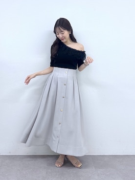 「La boutique BonBon（ラブティックボンボン）の【お上品愛されスカート】パナマフロント釦タックフレアスカート（スカート、グレー系）」を使った、miki：）さん（レディース・158cm）の夏コーディネート