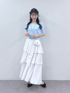 「La boutique BonBon（ラブティックボンボン）の【接触冷感・1枚で決まる！】クールタッチケーブル半袖ニットカーディガン（ニット/セーター、ブルー系）」を使った、miki：）さん（レディース・158cm）の春コーディネート