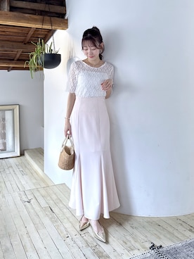 「La boutique BonBon（ラブティックボンボン）の【トレンド感◎夏スタイル】ドライタッチレース前後２WAYトップス（Tシャツ/カットソー、ホワイト系）」を使った、miki：）さん（レディース・158cm）の春コーディネート