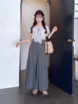 「La boutique BonBon（ラブティックボンボン）のフリルボウタイブラウス（シャツ/ブラウス、グレー系）」を使った、miki：）さん（レディース・158cm）の春コーディネート