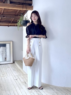 「La boutique BonBon（ラブティックボンボン）のホルターネックオープンショルダーブラウス（シャツ/ブラウス、ブルー系）」を使った、miki：）さん（レディース・158cm）の春コーディネート