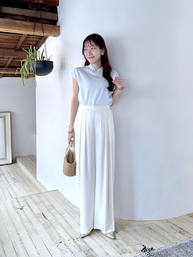 「La boutique BonBon（ラブティックボンボン）の【人気スタッフRISA監修カラーあり・全骨格美人見え】2タックワイドパンツ（その他パンツ、ホワイト系）」を使った、miki：）さん（レディース・158cm）の春コーディネート