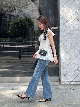 「La boutique BonBon（ラブティックボンボン）の【スタイルアップが叶う】カットドビーペプラムブラウス（シャツ/ブラウス、ホワイト系）」を使った、miki：）さん（レディース・158cm）の夏コーディネート