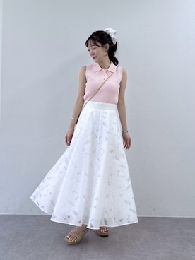 「La boutique BonBon（ラブティックボンボン）の変形リブポロ衿ノースリニット（ニット/セーター、ピンク系）」を使った、miki：）さん（レディース・158cm）の夏コーディネート