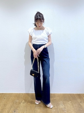 「La boutique BonBon（ラブティックボンボン）の【miki監修・新色登場！7サイズ展開】バックレースアップデニムフレアパンツ（デニムパンツ、ブルー系）」を使った、miki：）さん（レディース・158cm）の夏コーディネート