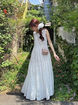 「La boutique BonBon（ラブティックボンボン）の【涼しくて盛れる！】ティアードワンピース（ワンピース、ホワイト系）」を使った、miki：）さん（レディース・158cm）の夏コーディネート