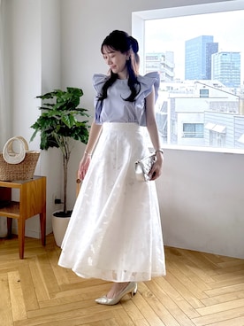 「La boutique BonBon（ラブティックボンボン）のホイップスリーブブラウス（シャツ/ブラウス、ブルー系）」を使った、miki：）さん（レディース・158cm）の春コーディネート