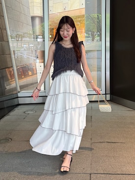 「La boutique BonBon（ラブティックボンボン）のロングフェザーベルリボンニット（ニット/セーター、グレー系）」を使った、miki：）さん（レディース・158cm）の夏コーディネート