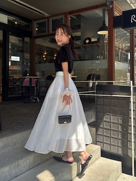 「La boutique BonBon（ラブティックボンボン）の【着回し力抜群】ベロアチューリップトップス（Tシャツ/カットソー）」を使った、miki：）さん（レディース・158cm）の夏コーディネート