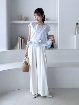 「La boutique BonBon（ラブティックボンボン）の【360°魅力UP！】ランダムペプラムフレンチブラウス（シャツ/ブラウス、ブルー系）」を使った、miki：）さん（レディース・158cm）の春コーディネート