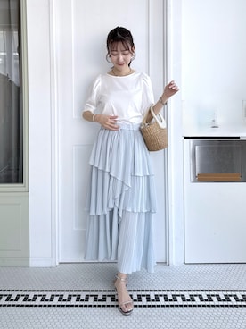 「La boutique BonBon（ラブティックボンボン）の【今すぐお届け！・キュートなバックシャン】バックレースアップカットソー（Tシャツ/カットソー、ホワイト系）」を使った、miki：）さん（レディース・158cm）の春コーディネート