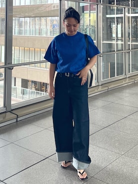 「NOMINE（ノミネ）のシワ加工 リンクル Tシャツ（T Shirts、ブルー系）」を使った、RUKAさん（レディース・160cm）の夏コーディネート