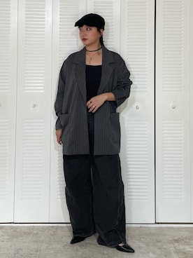 「NOMINE（ノミネ）のストライプワイドジャケット（テーラードジャケット、グレー系）」を使った、RUKAさん（レディース・160cm）の冬コーディネート