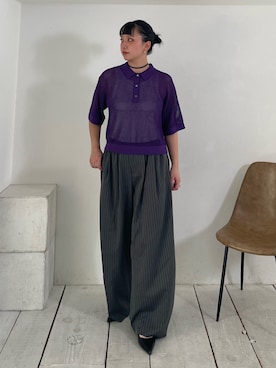 「NOMINE（ノミネ）のメッシュ ポロニット（ニット/セーター、パープル系）」を使った、RUKAさん（レディース・160cm）の春コーディネート