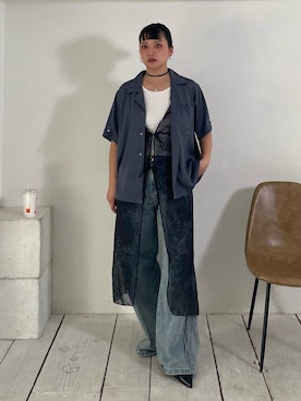 「NOMINE（ノミネ）の【セットアップ着用可】ヴィンテージサテン 開襟 シャツ（シャツ/ブラウス、ブルー系）」を使った、RUKAさん（レディース・160cm）の春コーディネート