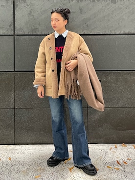 「アイテム（ノーカラーコート）」を使った、RUKAさん（レディース・160cm）の冬コーディネート