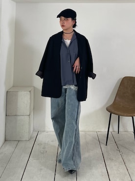 「NOMINE（ノミネ）の【セットアップ着用可】ヴィンテージサテン 開襟 シャツ（シャツ/ブラウス、ブルー系）」を使った、RUKAさん（レディース・160cm）の春コーディネート