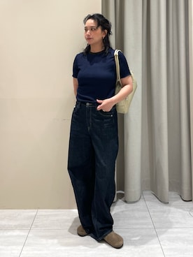 「NOMINE（ノミネ）の楊柳シボ感 リンガーTシャツ / 半袖 リブ切替 クロップド丈（T Shirts、ブルー系）」を使った、RUKAさん（レディース・160cm）の夏コーディネート