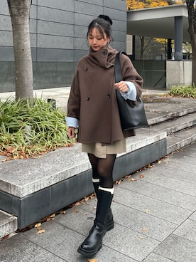 「アイテム（スカート、ベージュ系）」を使った、RUKAさん（レディース・160cm）の冬コーディネート