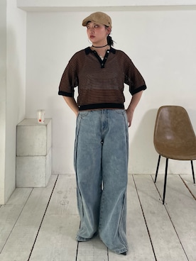 「NOMINE（ノミネ）のメッシュ ポロニット（ニット/セーター、ブラウン系）」を使った、RUKAさん（レディース・160cm）の春コーディネート