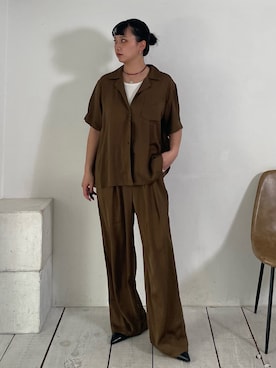 「NOMINE（ノミネ）の【セットアップ着用可】ヴィンテージサテン 開襟 シャツ（シャツ/ブラウス、ブラウン系）」を使った、RUKAさん（レディース・160cm）の春コーディネート
